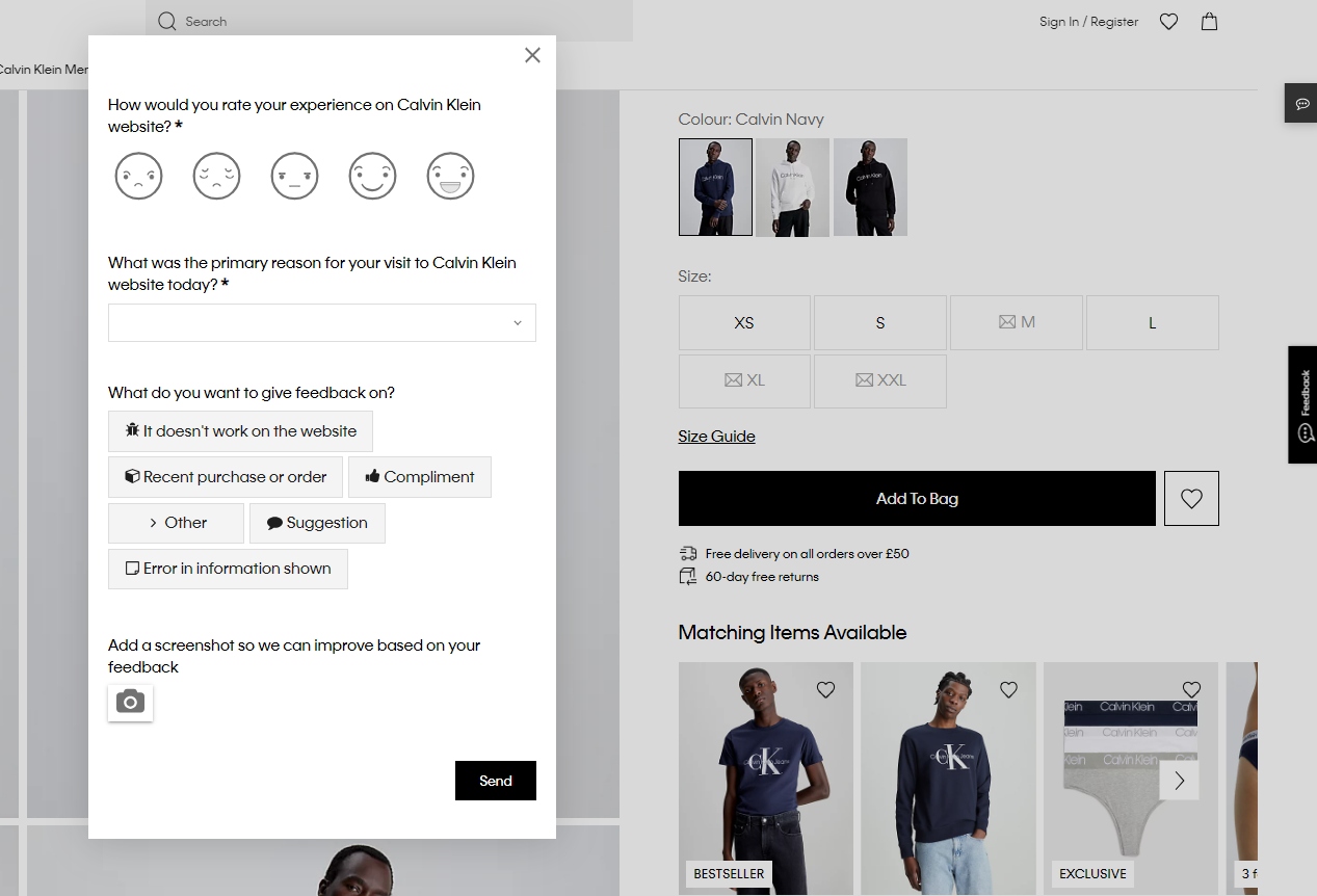 Calvin Klein CSAT website feedback example