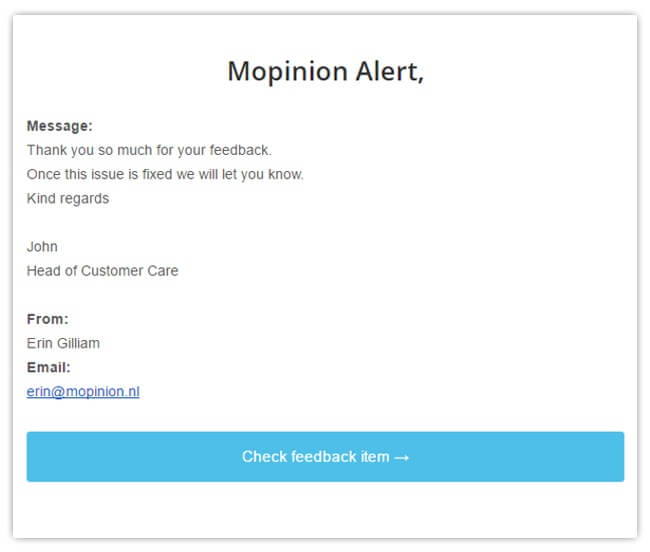 Mopinion: 4 effective tools for putting online feedback into action - Mopinion alert email
