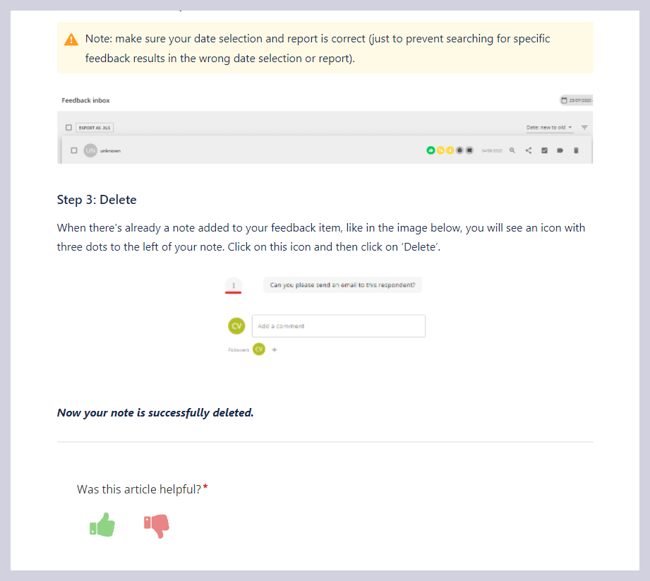 Example of user feedback on the support page