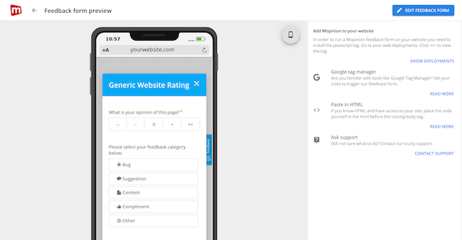 December product update: Example of a feedback form preview for a mobile device